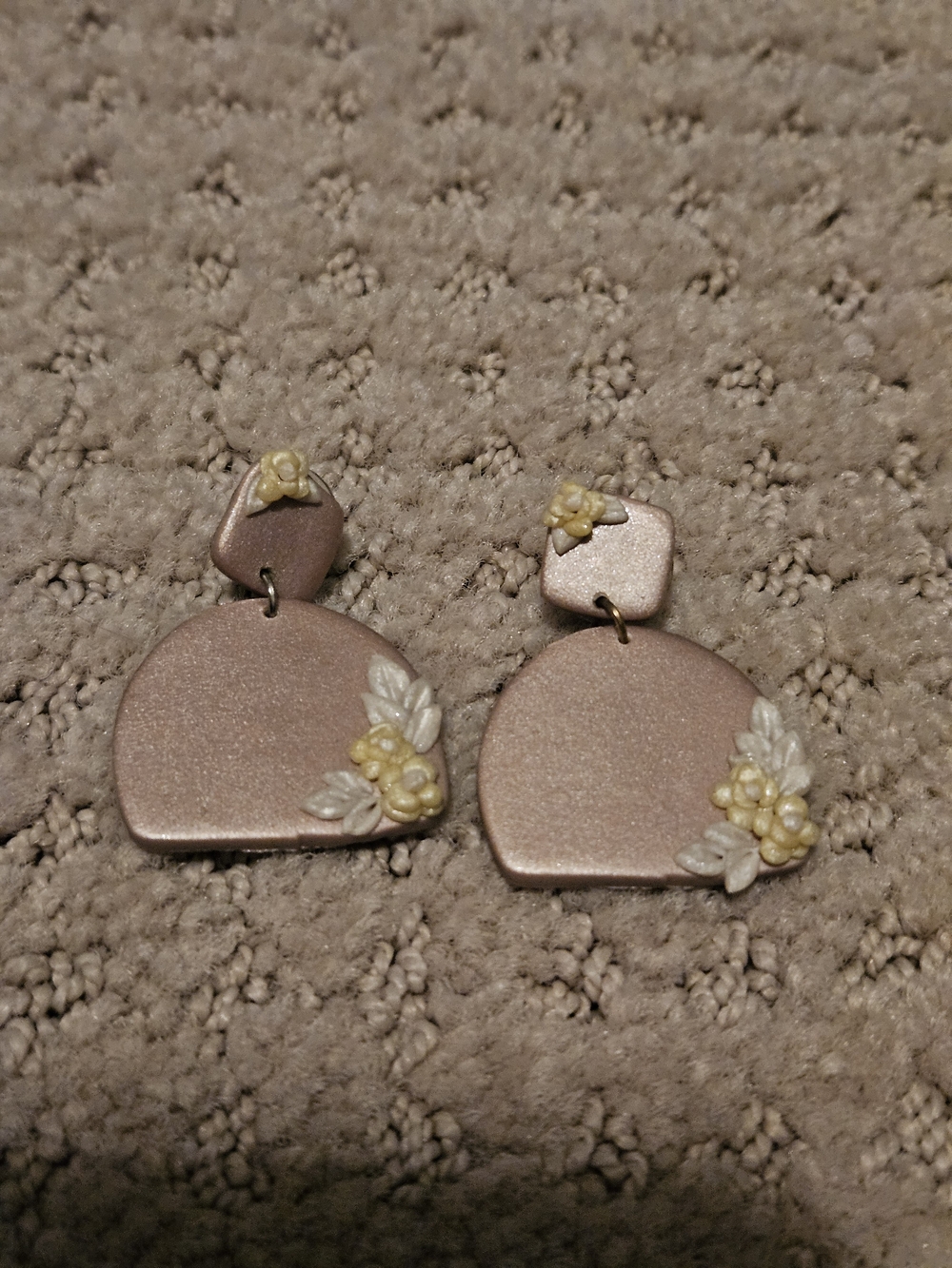 Pale Pink Floral Polymer Clay Drop Earrings with Cream Accents